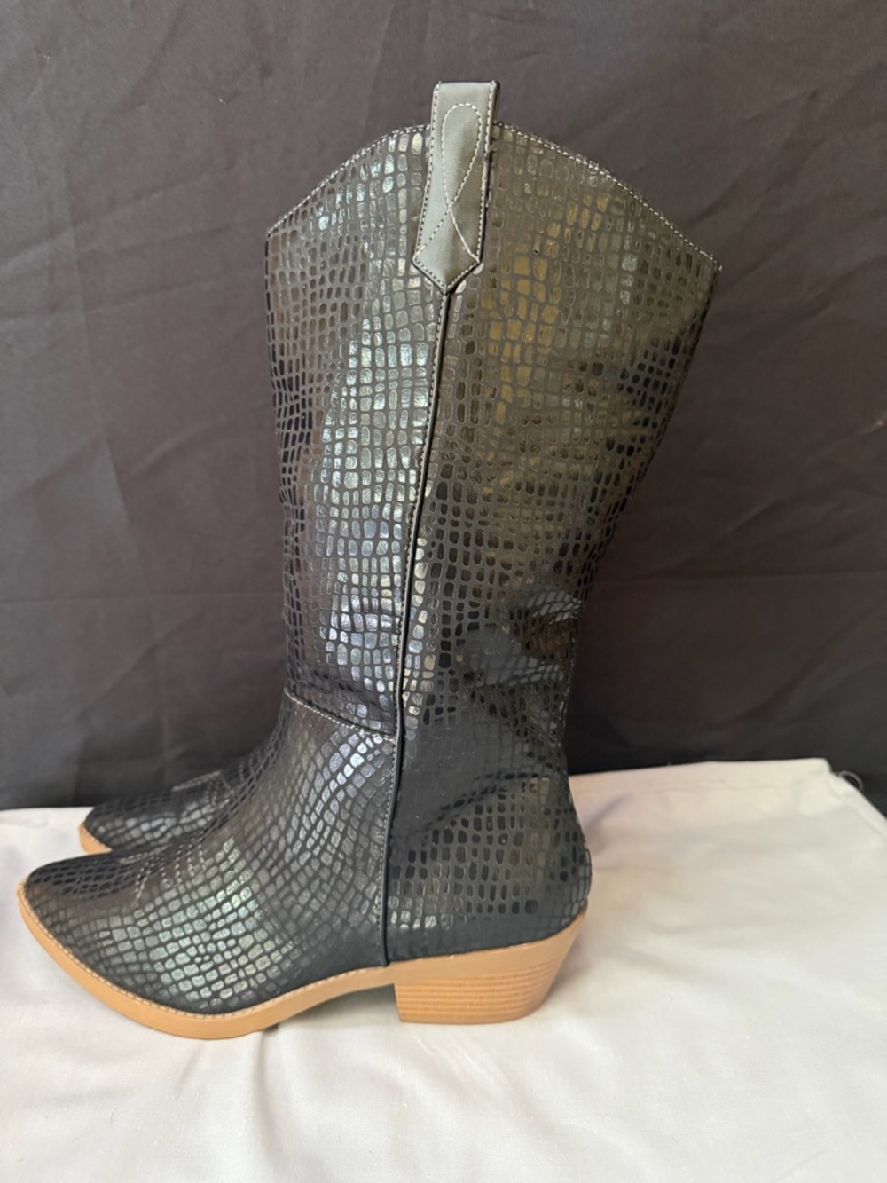 Black Croc-Embossed Western Mid-Calf Boot with Tan Heel